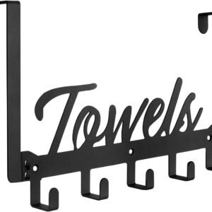 Over The Door Hooks, Towel Rack Towel Hooks for Bathroom, Towel Holder for Hanging Heavy Duty, Door Rack Over Door Hanger with 5 Coat Hooks for Bedroom Bathroom Kitchen, Black