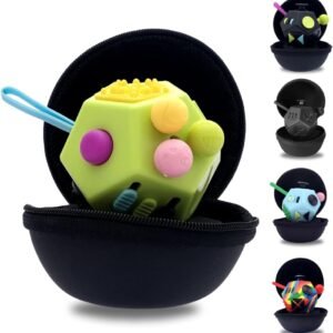 PILPOC theFube Fidget Cube with 12 Sides - Handy Anxiety Toys for Kids and Adults - Fidget Dice for Stress Relief & Focus - Anti Stress Cube for ADHD, ADD, with Carry Case (Green & Mix)