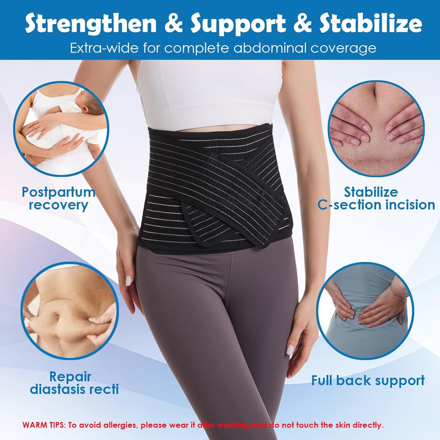 Paskyee Postpartum Belly Band, Abdominal Binder Post Surgery Belly Wrap, C Section Recovery Must Haves, Girdle for Postnatal Care, Waist/Pelvis Belt for Back Pain Relief Black L/XL - Image 2