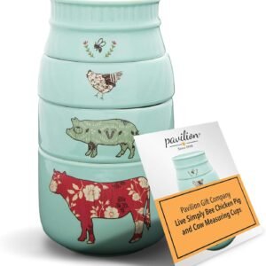 Pavilion Gift Company - 'Live Simply Bee, Chicken, Pig, and Cow' - 4-Piece Stoneware Measuring Cups Set, Sturdy Farmhouse-Style Kitchenware for Home Baking, Cooking, Gifting - Teal, 8 Ounces