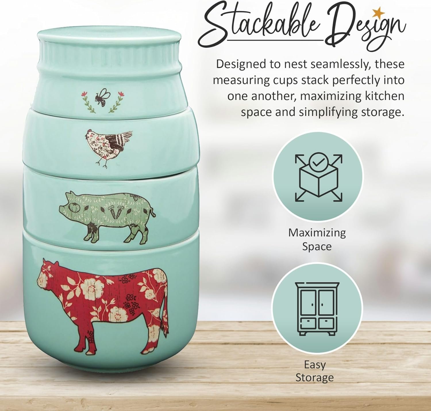 Pavilion Gift Company - 'Live Simply Bee, Chicken, Pig, and Cow' - 4-Piece Stoneware Measuring Cups Set, Sturdy Farmhouse-Style Kitchenware for Home Baking, Cooking, Gifting - Teal, 8 Ounces - Image 2