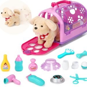 Pet Care Play Set Electric Vet Play Set-Walking ,Barking,Tail Wagging Little Plush Dog Grooming Toys with Puppy Carrier Feeding Dog Educational Toys for Toddler Kids