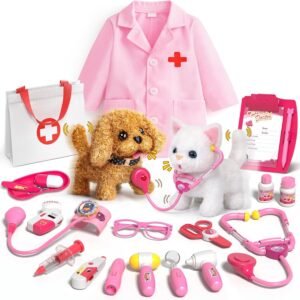 Pet Vet Kit for Kids with 2 Plush Pets (Dog & Cat) & Doctor Costume - 36Pcs Interactive Veterinarian Playset for Toddlers 3-5 to Overcome Fear of Doctors- Pretend Play Animal Hospital Toy Gift