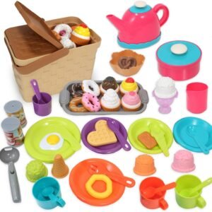Picnic Basket Toys Play Tea Sets with Teapot Tea Cup Dessert Food,Ice Cream Playset, Pretend Play Kitchen Accessories Tea Party Set for Toddlers Kids Little Girl Boy Age 3-7 Years Old