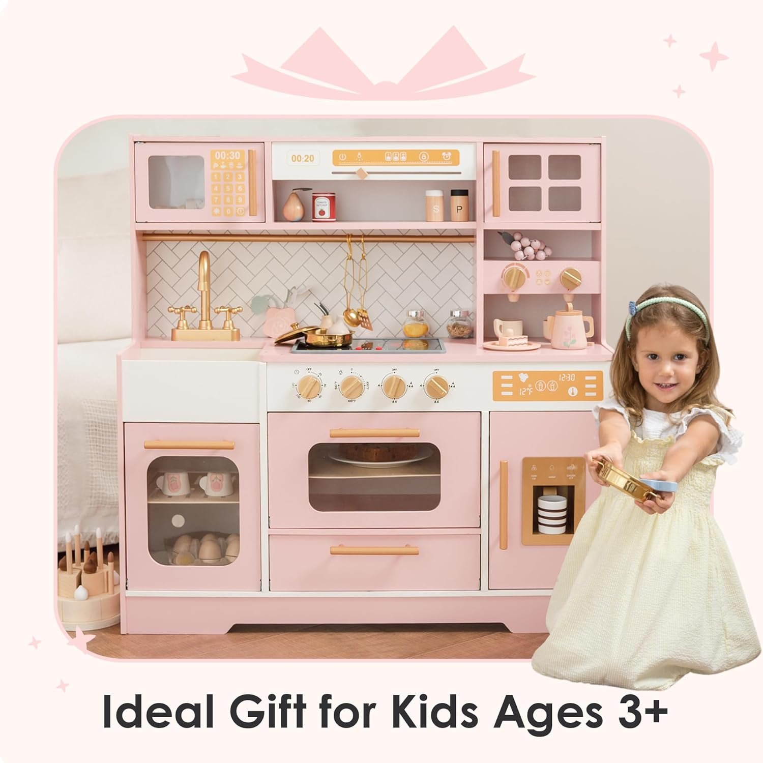 Pink Wooden Play Kitchen for Kids– Realistic Appliances, Storage & 15 Fun Accessories for Inspiring Pretend Play (Ages 3+) - Image 2
