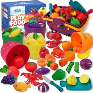 Play Food Set for Kids Kitchen, Cutting Food Toy for Kids, Learning Toy Color Sorting Set for Toddlers, Pretend Food Kitchen Accessories, Easter Basket Stuffers for Kids Ages 3–8