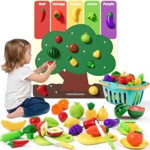 Play Food Set with Cutting Fruits&Felt Tree Mat, Pretend Food Play Kitchen Accessories, Toy Kitchen Food Playset for Toddlers, Preschool Learning Toys for Kids Ages 3 4 5 6 Boys Girls Gift