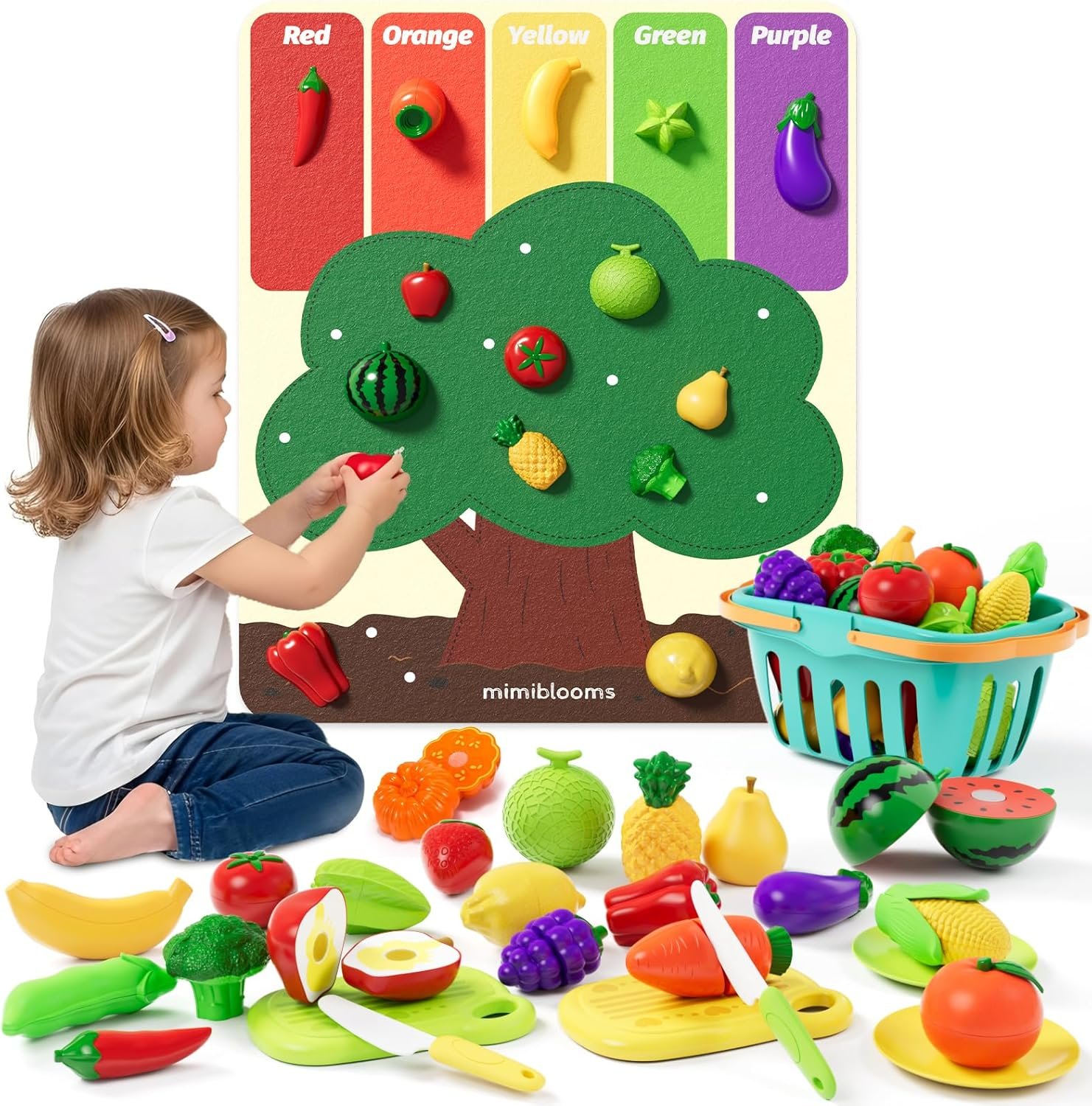 Play Food Set with Cutting Fruits&Felt Tree Mat, Pretend Food Play Kitchen Accessories, Toy Kitchen Food Playset for Toddlers, Preschool Learning Toys for Kids Ages 3 4 5 6 Boys Girls Gift