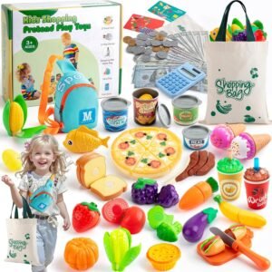 Play Food Sets for Kids Kitchen, 68PCS Grocery Store Pretend Play with Shopping Bags, Sling Bag,Calculator, Cutting Play Food, Play Money, Play Kitchen Accessories for Age 3+ Role-Play Games Gift