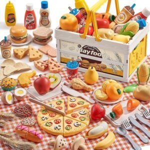 Play Food Sets for Kids Kitchen, Wheat Straw Pretend Food Toys with Kids Picnic Basket and Picnic Blanket, Cutting Toy Food, Fake Food with Pizza Toy, Play Kitchen Accessories, STEM Gift for Boy Girl