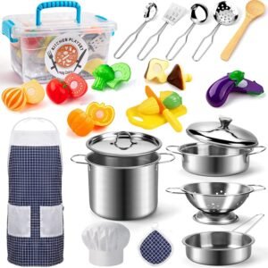 Play Kitchen Accessories, Kids Kitchen Pretend Play Toys, Kitchen Set with Stainless Steel Cooking Utensils Cookware Pots and Pans Set Healthy Vegetables, Knife, Apron, Little Chef Boys Girls