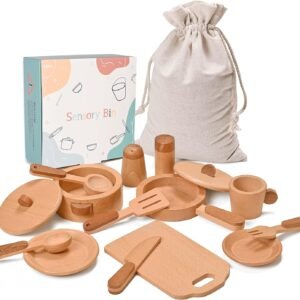 Play Kitchen Accessories Montessori Wooden Toys Kids Kitchen Set Cookware Plates Dishes Pots Pans Cooking Playset 15 Pieces Sensory Toys for Toddlers Girls Boys With Storage Bag