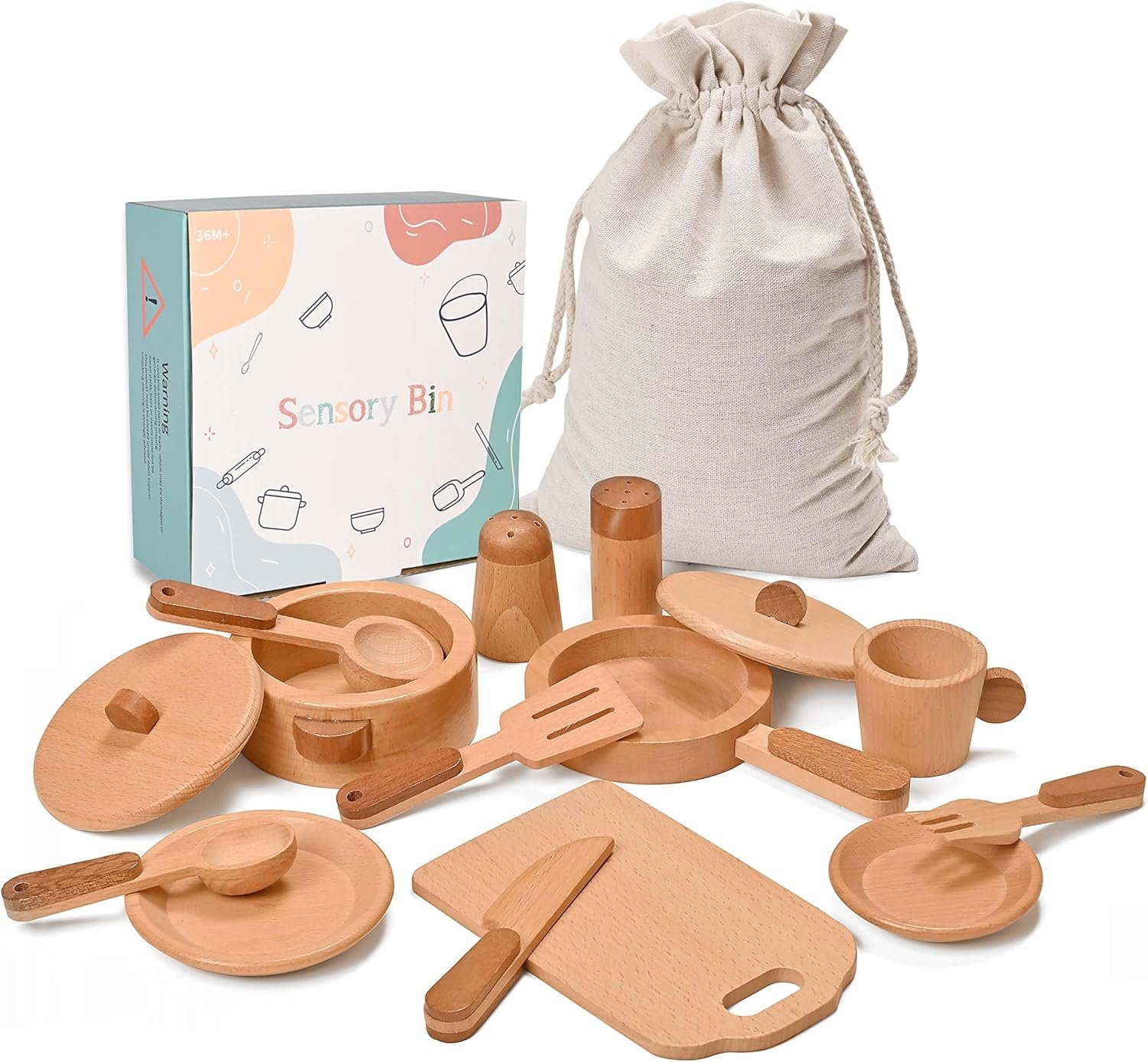 Play Kitchen Accessories Montessori Wooden Toys Kids Kitchen Set Cookware Plates Dishes Pots Pans Cooking Playset 15 Pieces Sensory Toys for Toddlers Girls Boys With Storage Bag