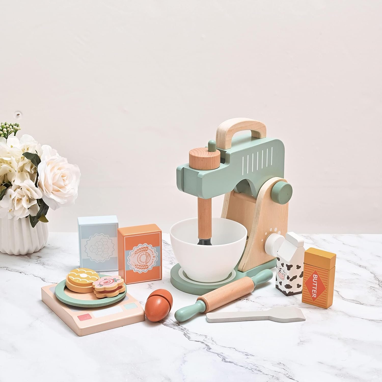 Play Kitchen Accessories, Pretend Play Food Sets for Kids Kitchen, Wooden Toy Mixer Set, Blender Bake Cookies Playset Cooking Kitchen Accessories Toys for Boys Girls Ages 3+ - Image 2