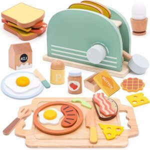 Play Kitchen Accessories Toddlers Wooden Pop-up Toaster Toy Play Food Kids Age , Bread, Butter, Poached Egg Cutting Pretend Toys