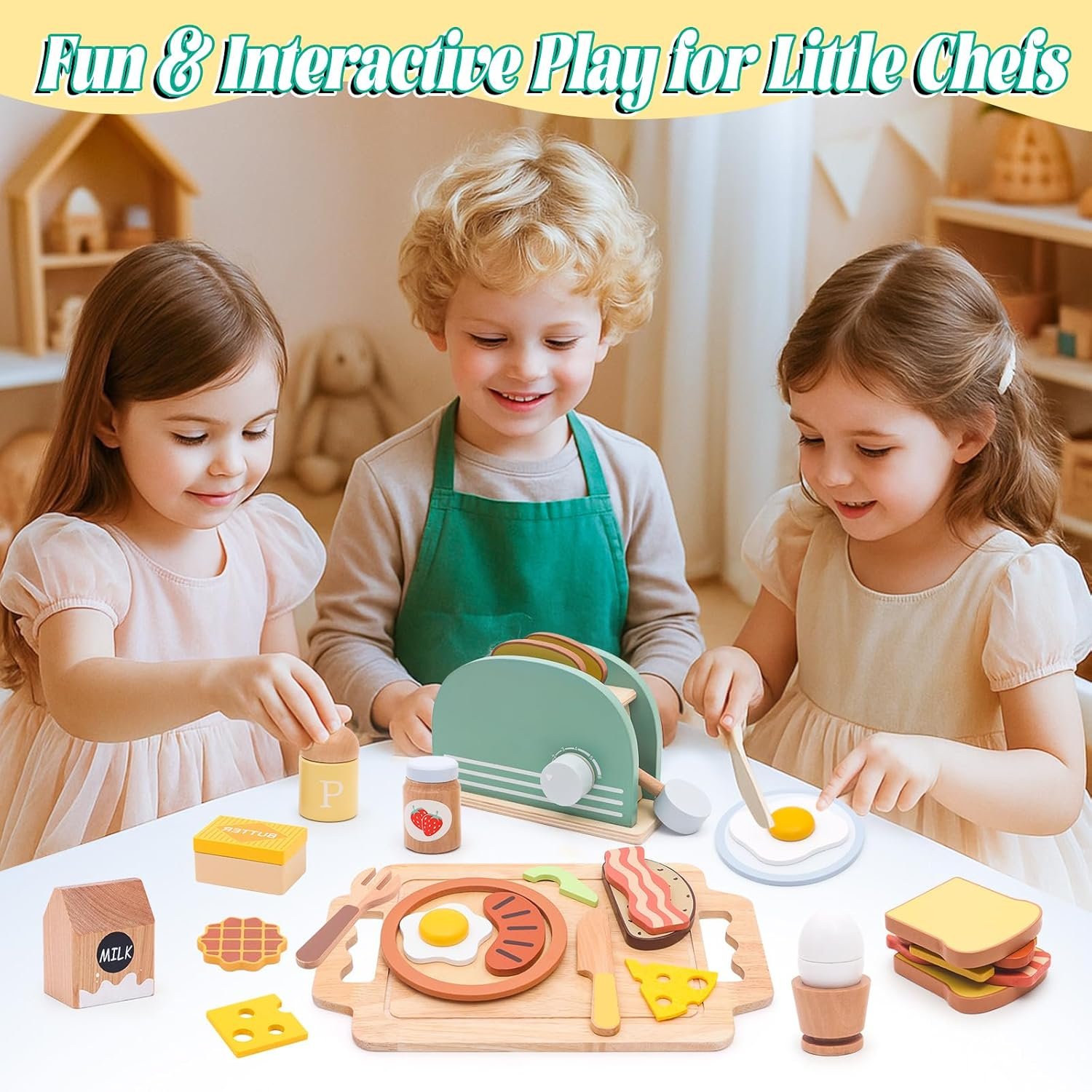Play Kitchen Accessories Toddlers Wooden Pop-up Toaster Toy Play Food Kids Age , Bread, Butter, Poached Egg Cutting Pretend Toys - Image 2