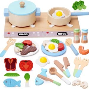 Play Kitchen Accessories, Wooden Play Cooking Set, Pretend Play Kitchen Set for Kids, Including Stove, Cookware Pots and Pans, Cooking Utensils Playset, ​Cutting Food Playset for Girls Boys Toddler