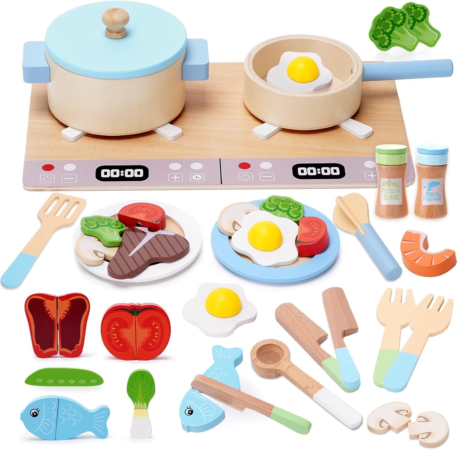 Play Kitchen Accessories, Wooden Play Cooking Set, Pretend Play Kitchen Set for Kids, Including Stove, Cookware Pots and Pans, Cooking Utensils Playset, âCutting Food Playset for Girls Boys Toddler