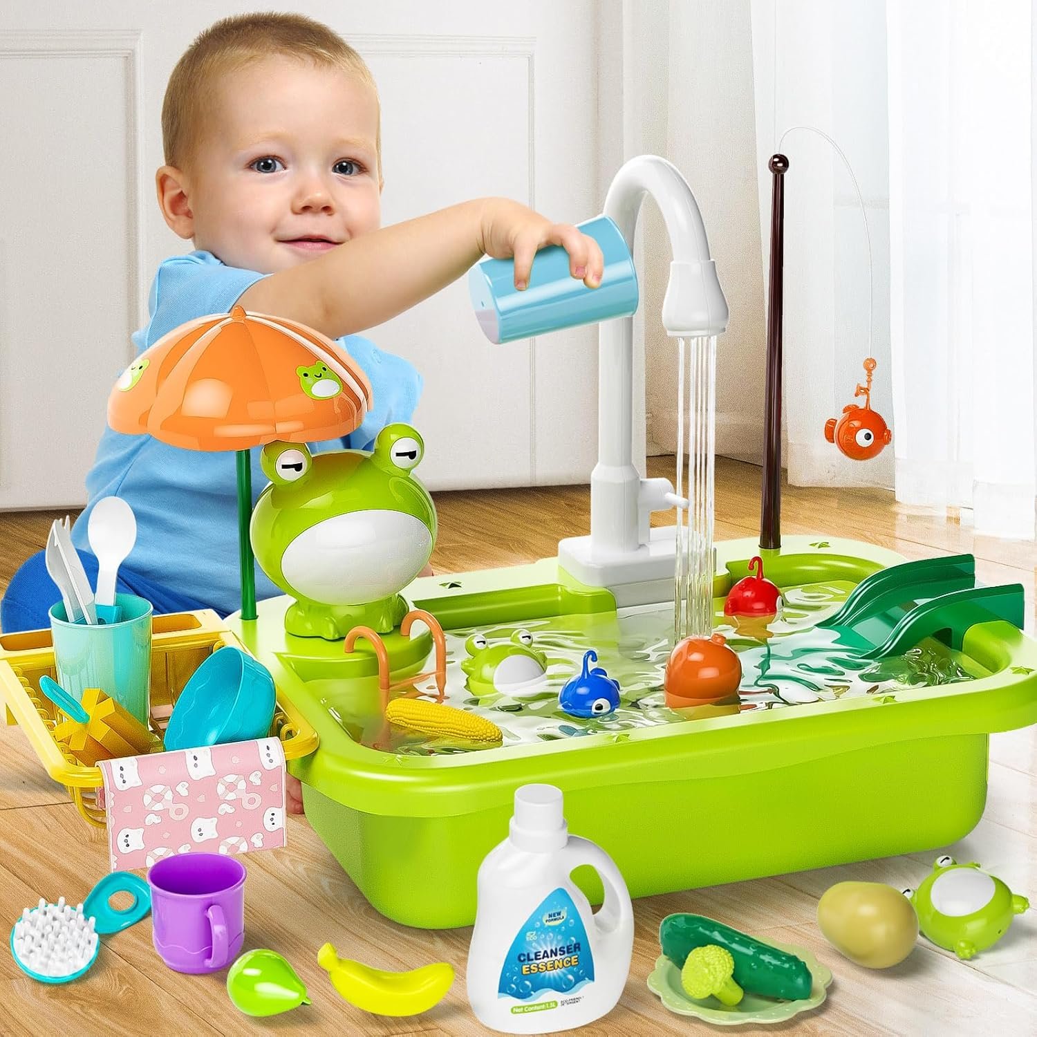Play Sink with Running Water, Kitchen Play Sink Toy with Electric Faucet, Play Kitchen Accessories, Floating Pool Toys & Fishing Game, Kids Pretend Play-Dishwasher Play Set for Boys Girls Toddlers - Image 2