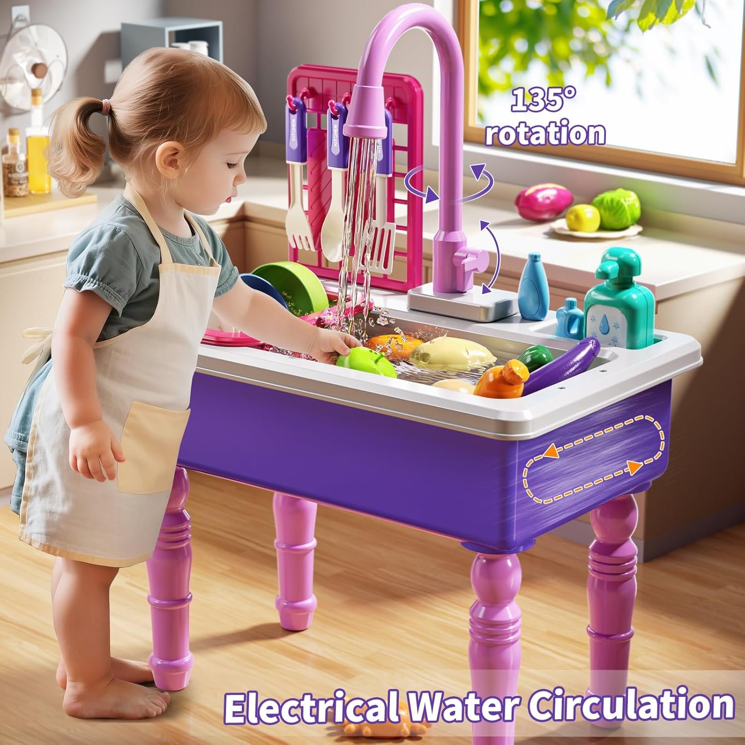 Play Sink with Running Water, Play Kitchen Toys Sink for Kids 3 4 5 6 7 Years Old, Electrical Dishwasher, Kitchen Accessories Set, Dishes Games, Gifts for Toddlers 3-5 - Image 2
