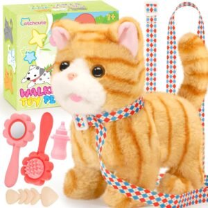 Plush Toys Cat for Kids with Leash, Interactive Electronic Kitty That Walking,Meowing, and Tail Wagging, Stuffed Cat Christmas Birthday Gift for Boys and Girls