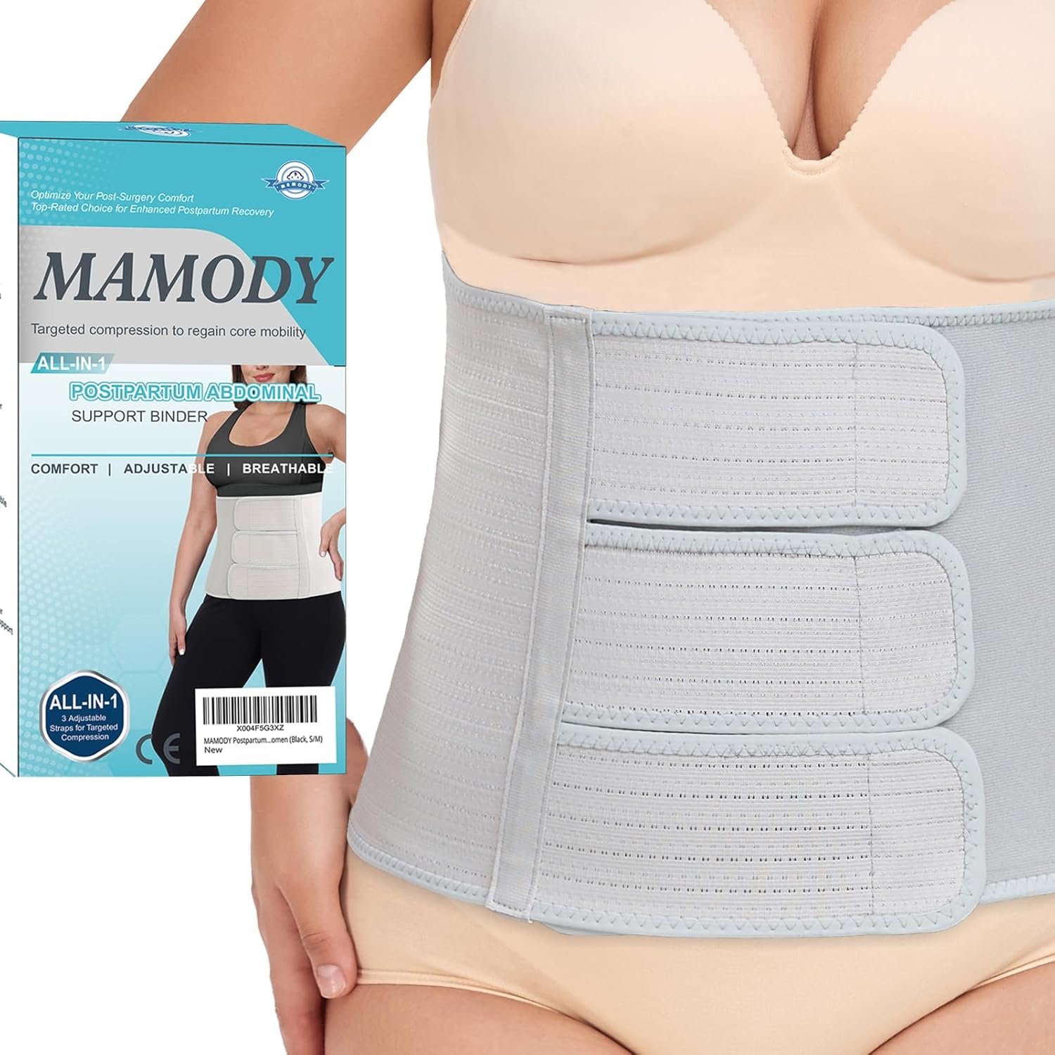 Postpartum Belly Band abdominal Binder for Natural Delivery & C-Section, Adjustable Compression Wrap, Abdominal Support Belt (Gray, S/M)