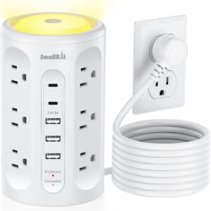 Power Strip Tower with Night Light, Surge Protector Tower with Multiple Outlets (12AC+3A+2C), 10 FT Extension Cord Charging Station for Home, Office, Dorm Essentials (White)