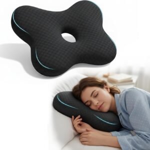 Pozico Ear Piercing Pillow with Hole – Butterfly Shape Side Sleeper Pillow for Ear Pain Relief, CNH, Surgery Recovery – Adjustable Filling, Ergonomic Support & Washable Cover, Black