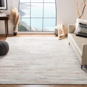 Premium Cowhide Leather Rug, Stripes Patterned Hand Made Area Rug, Artisan-Crafted Non Slip Floor Accent for Dining Room, Living Room Rug, Color: White, Size: 6X9 ft
