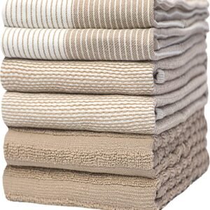 Premium Kitchen Towels (20”x 28”, 6 Pack) | Large Cotton Dish Towels | Flat & Terry Highly Absorbent Kitchen Linen Set with Hanging Loop | Tan