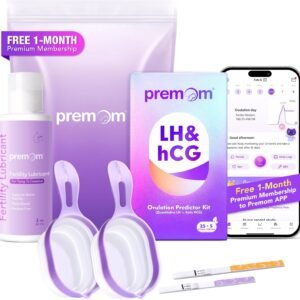 Premom Quantitative Ovulation & Pregnancy Test Kit with Sperm Friendly Fertility Gel: 25 LH + 5 HCG Strips + 2 Pee Cups + 2oz Fertility Gel | Accurate LH Tracking | pH Balanced | Works with Premom App