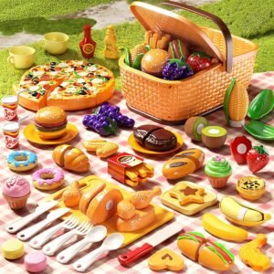 Pretend Play Food for Kids, Cutting Toy Food Set with Picnic Basket, Play Kitchen Accessories, Food Toys with Veggies, Fruits, Pizza Toy for Boys Girls Gift