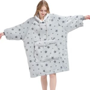 Qeils Wearable Blanket Hoodie for Women, Comfy Sherpa Sweatshirt Blanket as Birthday Christmas Gifts, Oversized Pullover Jacket Blanket Hoodie for Adult (Snipped Star, Adult)