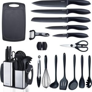 RAXCO Kitchen Utensils Set For Cooking-7 Cooking Utensils,5 Kitchen Utensils,6 Knife set,utensilios de cocina(18-in-1) (Black)