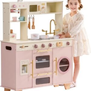 ROBOTIME Kids Play Kitchen, Modern Pretend Wooden Toy Kitchen with Ice Maker, Coffee Maker, Oven, Microwave, Toaster, Stove, Dishwasher & Sink, Complete Kitchen Playset for Ages 3+ (Pink)