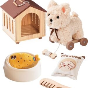 ROBOTIME Pull Dog Toy for Toddlers, Puppy Pet Care Pretend Play Set with Stuffed Animal, Dog House & Accessories, Walking Pull Along Toy, Educational Plush Gift for Boys and Girls