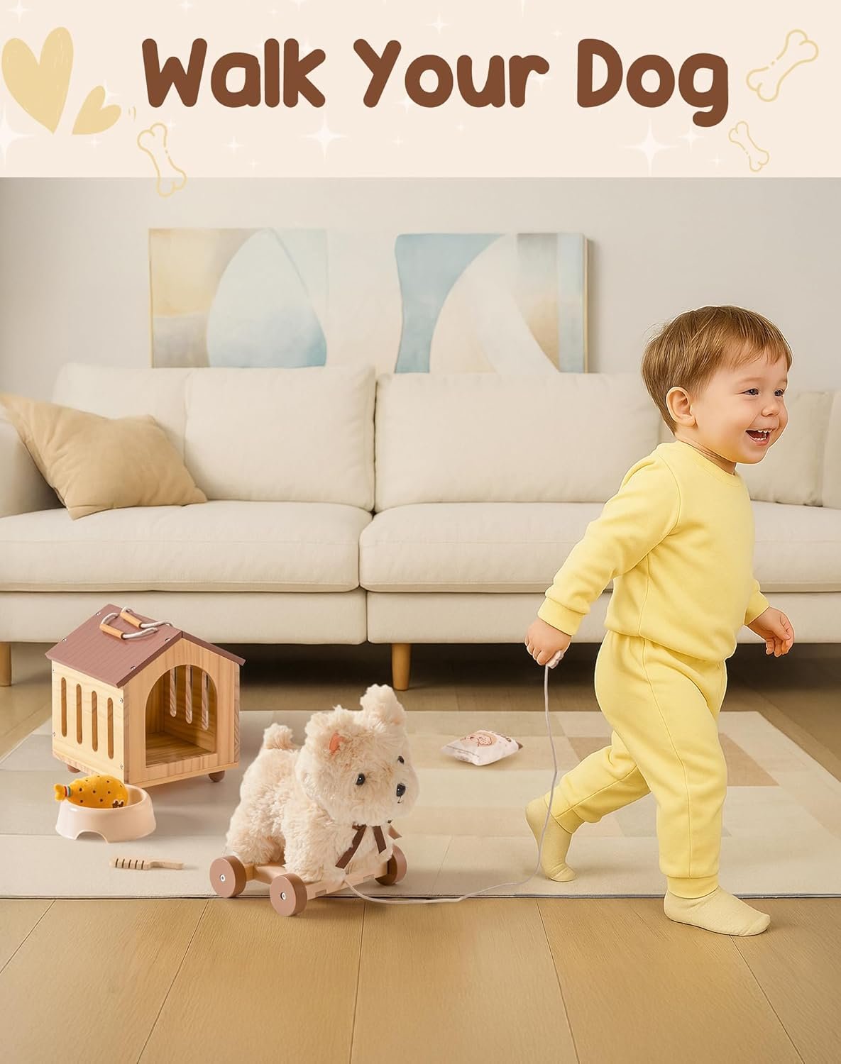 ROBOTIME Pull Dog Toy for Toddlers, Puppy Pet Care Pretend Play Set with Stuffed Animal, Dog House & Accessories, Walking Pull Along Toy, Educational Plush Gift for Boys and Girls - Image 2