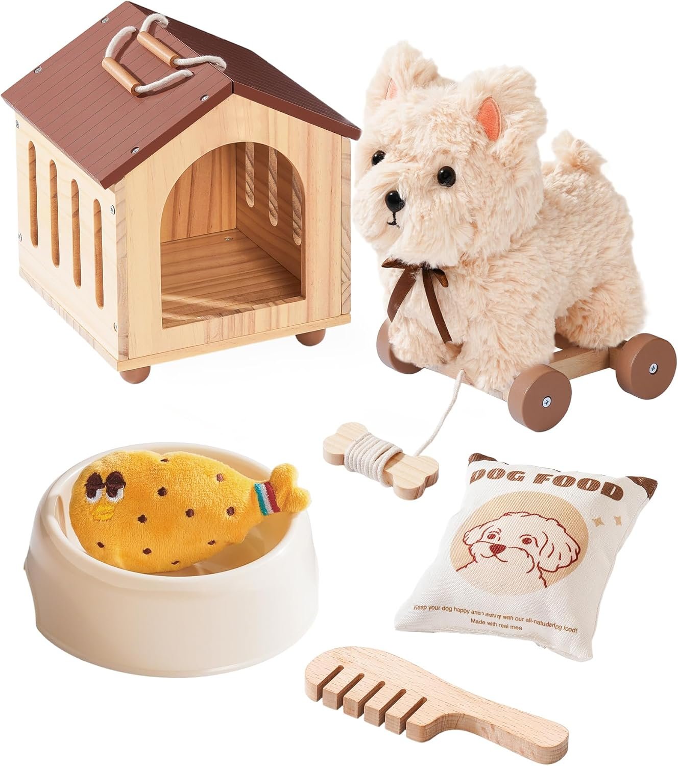 ROBOTIME Pull Dog Toy for Toddlers, Puppy Pet Care Pretend Play Set with Stuffed Animal, Dog House & Accessories, Walking Pull Along Toy, Educational Plush Gift for Boys and Girls