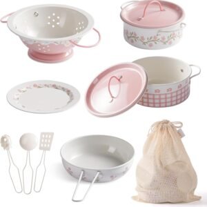 ROBUD Play Pots and Pans Sets for Kids Kitchen, Play Kitchen Accessories Pretend Cooking, Cartoon Pink Metal Pots and Pans Metal, Kids Kitchen Playset, Mini Toy Kitchen Accessories(9 Pieces)