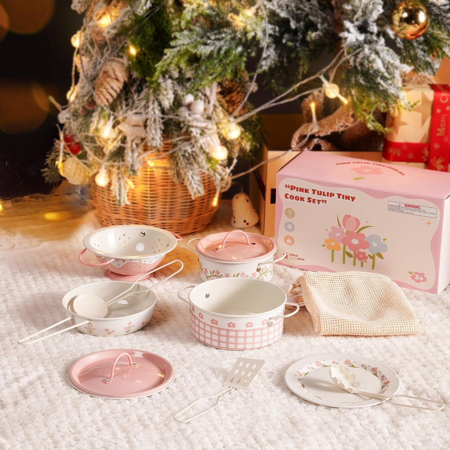 ROBUD Play Pots and Pans Sets for Kids Kitchen, Play Kitchen Accessories Pretend Cooking, Cartoon Pink Metal Pots and Pans Metal, Kids Kitchen Playset, Mini Toy Kitchen Accessories(9 Pieces) - Image 2