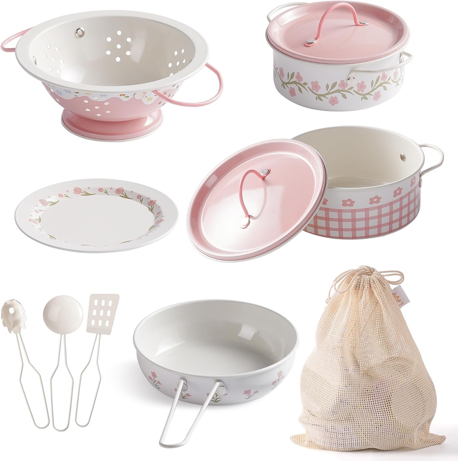 ROBUD Play Pots and Pans Sets for Kids Kitchen, Play Kitchen Accessories Pretend Cooking, Cartoon Pink Metal Pots and Pans Metal, Kids Kitchen Playset, Mini Toy Kitchen Accessories(9 Pieces)