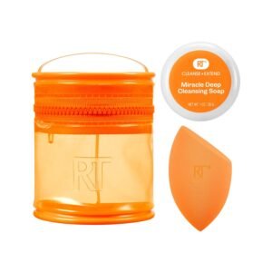 Real Techniques Miracle Blend + Cleanse 3 Piece Set, Makeup Sponge For Blending Foundation & Solid Soap For Deep Cleaning Sponges, Includes Travel Storage Tote, Cruelty-Free, & Latex-Free