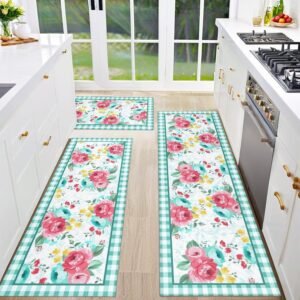 Red Teal Floral Kitchen Rugs and Mats Non-Skid Washable for Floor, Floral Teal Kitchen Decor and Accessories Kitchen Mat Set of 3, 17"x30"+17"x47"+17"x59"