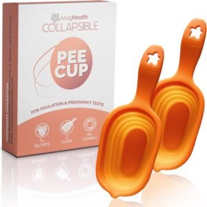 Reusable Pee Cups for Ovulation & Pregnancy Test Strips - 2 Leak-Proof Urine Sample Cups, Collapsible Silicone Design + 5 Disposable Gloves - Conception Aid Kit for Women