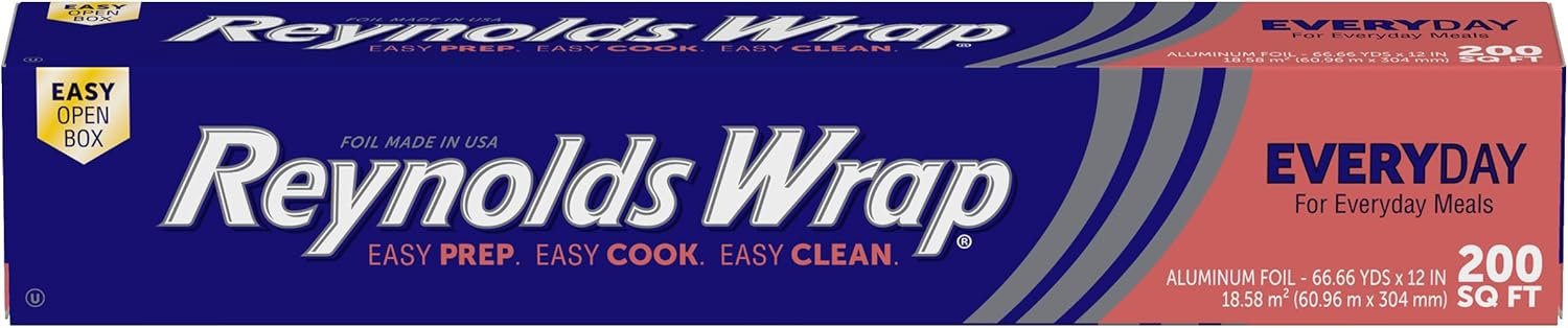 Reynolds Wrap Everyday Strength Aluminum Foil Roll, Freezer Safe and Grill Safe, Great for Foil Packets and Home Cooking, 12 Inches Wide, 200 Total Sq. Ft.