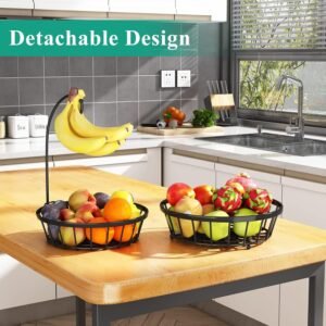 SAYZH 2-Tier Fruit Basket Bowl Stackable Vegetable Storage with Banana Tree Hanger Stand for Kitchen Countertop, Metal Wire Basket for Bread Onions Potatoes Black