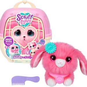 SCRUFFALUVS Pink Surprise Pet, Mystery Plush Toys, Stuffed Animals, Wash to Reveal 1 of 3 Rescue Surprise Toy Pets: Puppy, Bunny, or Kitty - Includes 8.7" Deluxe Carrier - Styles May Vary