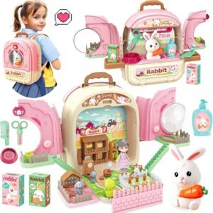 SMILESSKIDDO Pet Carrier Backpack Toy, 3 in 1 Care Playset, Pretend Play Accessories & Hair Dryer Toy, Rabbit Role Play Set for Girls Ages 3+