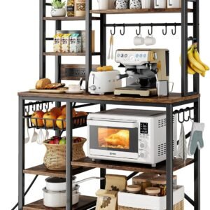 SNTD Baker Rack with Power Outlet - Microwave Stand with Storage, Large Coffee Bar Station with 14 Hooks, Metal Kitchen Shelf Rack for Spices, Pots (Rustic Brown) | with Power Outlet, with Storage, with 14 Hooks, for Spices, for Pots