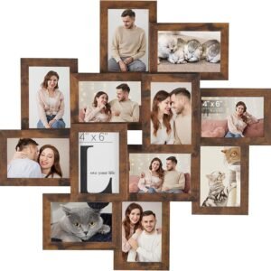 SONGMICS 4x6 Picture Frames Collage Wall Decor, 12-Pack Photo Collage Frame, Multi Picture Frame Set with Glass Front, Assembly Required, Rustic Brown URPF022X01